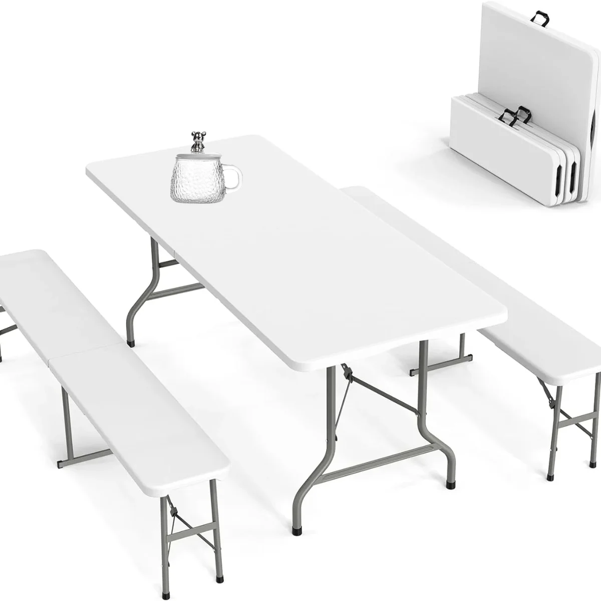 VINGLI Juego de mesa de picnic con 2 bancos, juego de sillas de mesa de camping de 6 pies, muebles plegables de 3 piezas para uso interior o exterior