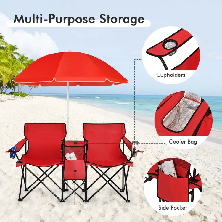 Sillas de pícnic dobles portátiles, sillas de camping plegables con sombrilla desmontable, bolsa térmica y portavasos; sillas para patio, playa y camping, ideales para actividades al aire libre y la temporada de fútbol y béisbol.