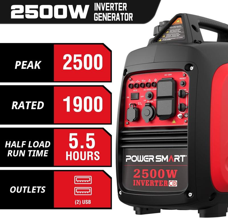 Generador de gasolina de 2500 W con inversor (a prueba de tormentas), generador portátil de 17,7 kg (39 lb), adecuado para vehículos recreativos, admite conexión en paralelo, diseño silencioso, adecuado para uso familiar y campamento, bajo consumo de comb