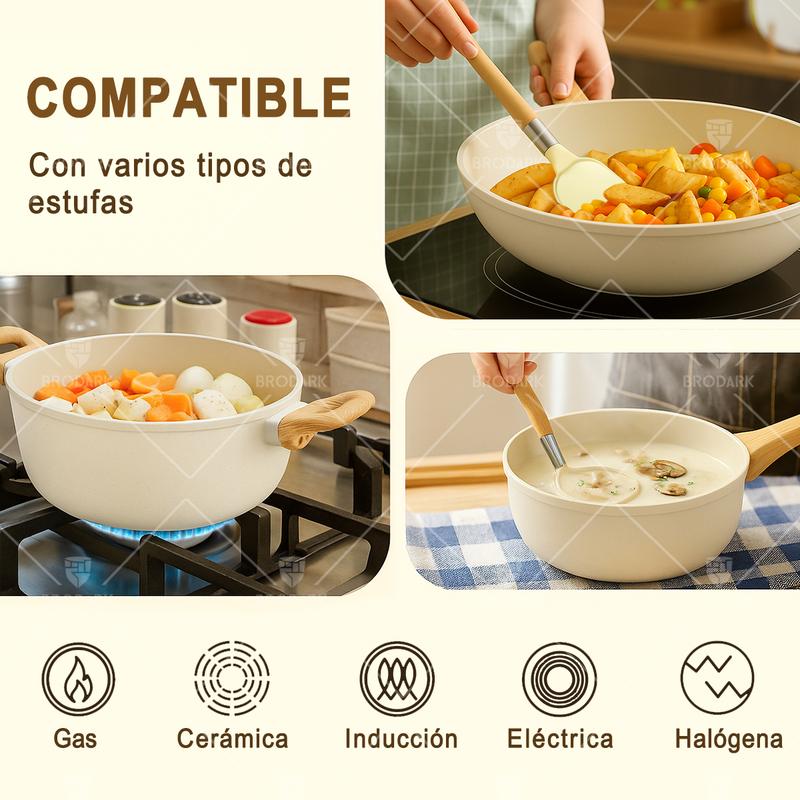 BRODARK Juego de 15 piezas de ollas y sartenes, con sartenes antiadherentes de cerámica en blanco y negro, compatible con placas de inducción, con manijas con impresión de madera, tapas de vidrio, incluye una cazuela de caldo y un sartén, y apto para horn