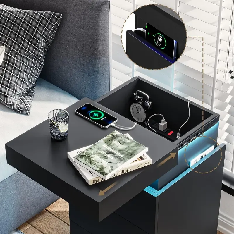 [Rebajas de verano] Mesita de noche Sikaic con estación de carga y luces LED, mesita de noche con tapa deslizante para dormitorio, mesita de noche con cajones, mesa auxiliar moderna, muebles para el hogar, artículos esenciales para residencias estudiantil
