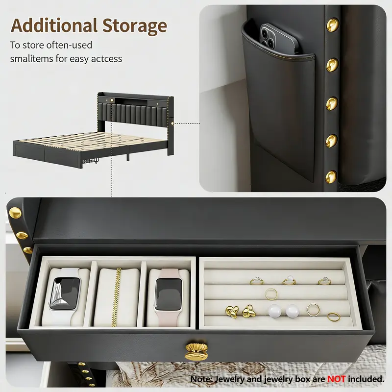 Estructura de cama TryLazy Furniture con 4 cajones y 2 puertos de carga USB y 1 puerto de carga tipo C, sin colchón, estructura de cama tapizada con cabecero con almacenamiento, no requiere somier, fácil montaje, tamaño matrimonial/queen/king.