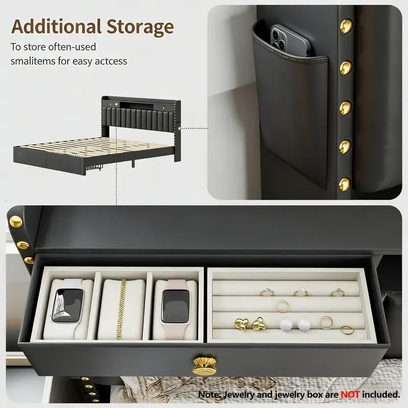 Estructura de cama TryLazy Furniture con 4 cajones y 2 puertos de carga USB y 1 puerto de carga tipo C, sin colchón, estructura de cama tapizada con cabecero con almacenamiento, no requiere somier, fácil montaje, tamaño matrimonial/queen/king.
