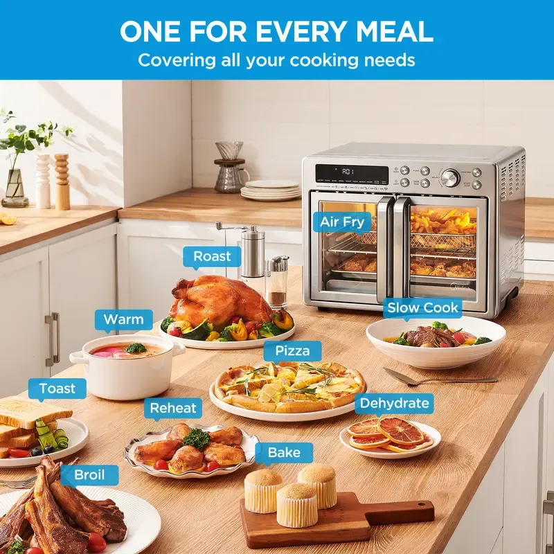 Horno tostador con freidora de aire y puerta francesa Midea Flexify de 26.4 cuartos de galón, horno freidora de aire extragrande de encimera 10 en 1, cocción un 25 % más rápida y un 90 % menos de aceite, ventilador de convección de diseño elegante, regalo