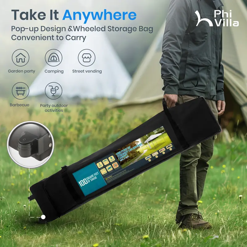 [Impermeable y resistente a los rayos UV] Carpa plegable PHIVILLA de 3,6x3,6 m, carpa portátil instantánea para exteriores, cenador para exteriores con cierre de un solo botón y bolsa con ruedas.