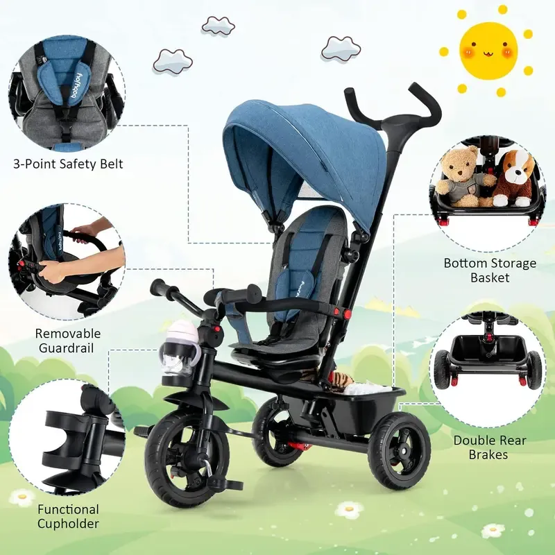 Cochecito infantil unisex 5 en 1 Costzon - Poliéster, asiento reversible, capota ajustable, ruedas de EVA, manillar extraíble de PP y acero para padres, triciclo para niños pequeños, cochecito práctico y multifuncional.