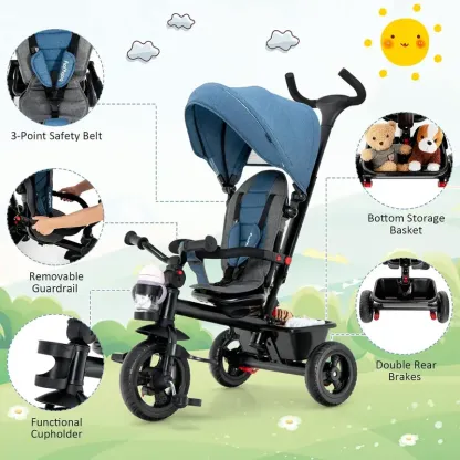 Cochecito infantil unisex 5 en 1 Costzon - Poliéster, asiento reversible, capota ajustable, ruedas de EVA, manillar extraíble de PP y acero para padres, triciclo para niños pequeños, cochecito práctico y multifuncional.