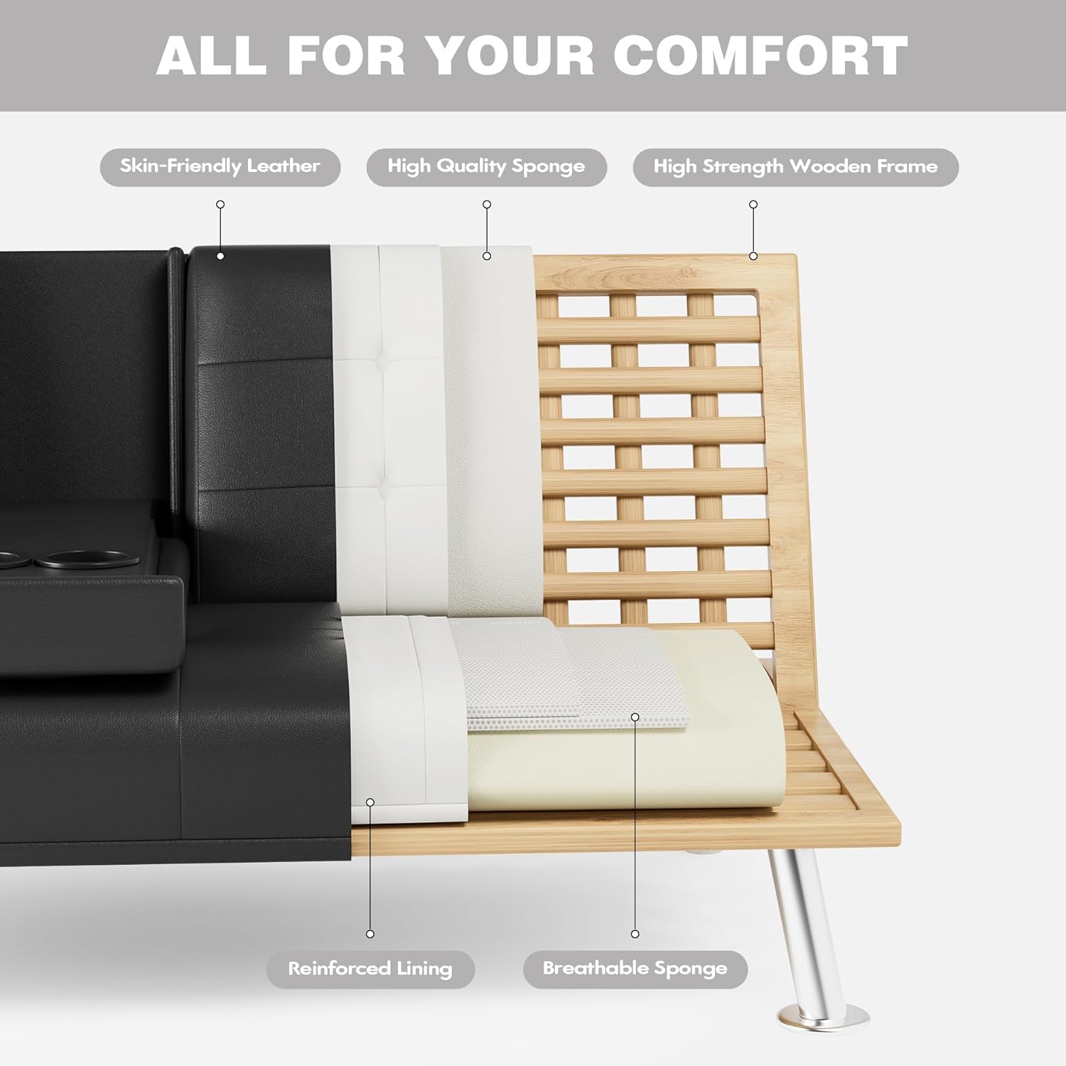 JUMMICO - Sofá cama plegable de piel sintética tapizada moderna y convertible con reposabrazos extraíbles, sofá reclinable ajustable con 2 portavasos para sala de estar (piel, café)