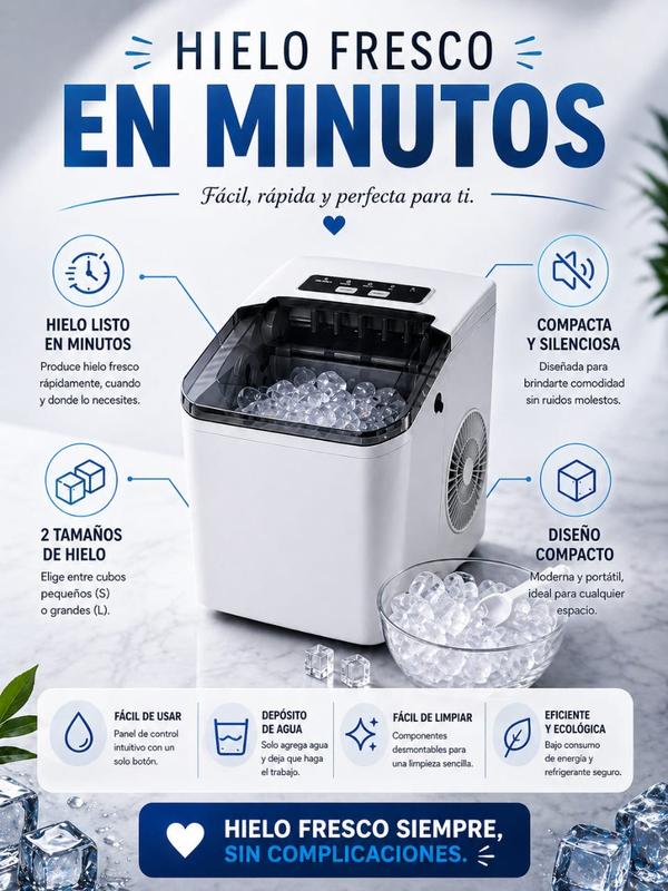 Máquina de Hielo Portátil Automática | Hielo en Minutos, Compacta y Silenciosa con 2 Tamaños de Cubo