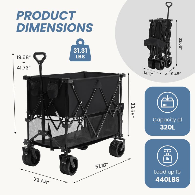 Sweetcrispy 320L Outdoor Folding Double-Decker Wagon with Brakes, 440 lbs Capacity, Flexible Handle, All-Terrain Big Wheels, Compact Pack & Foldable Size for Grocery, Camping