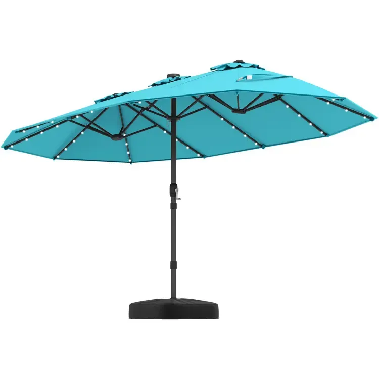 【Luces LED solares】Sombrilla grande de patio COSTWAY de 4,5 m, sombrilla doble extragrande para exteriores con base, 36 luces LED y manivela para jardín, terraza, piscina, patio, decoración del 4 de julio, regalo para papá