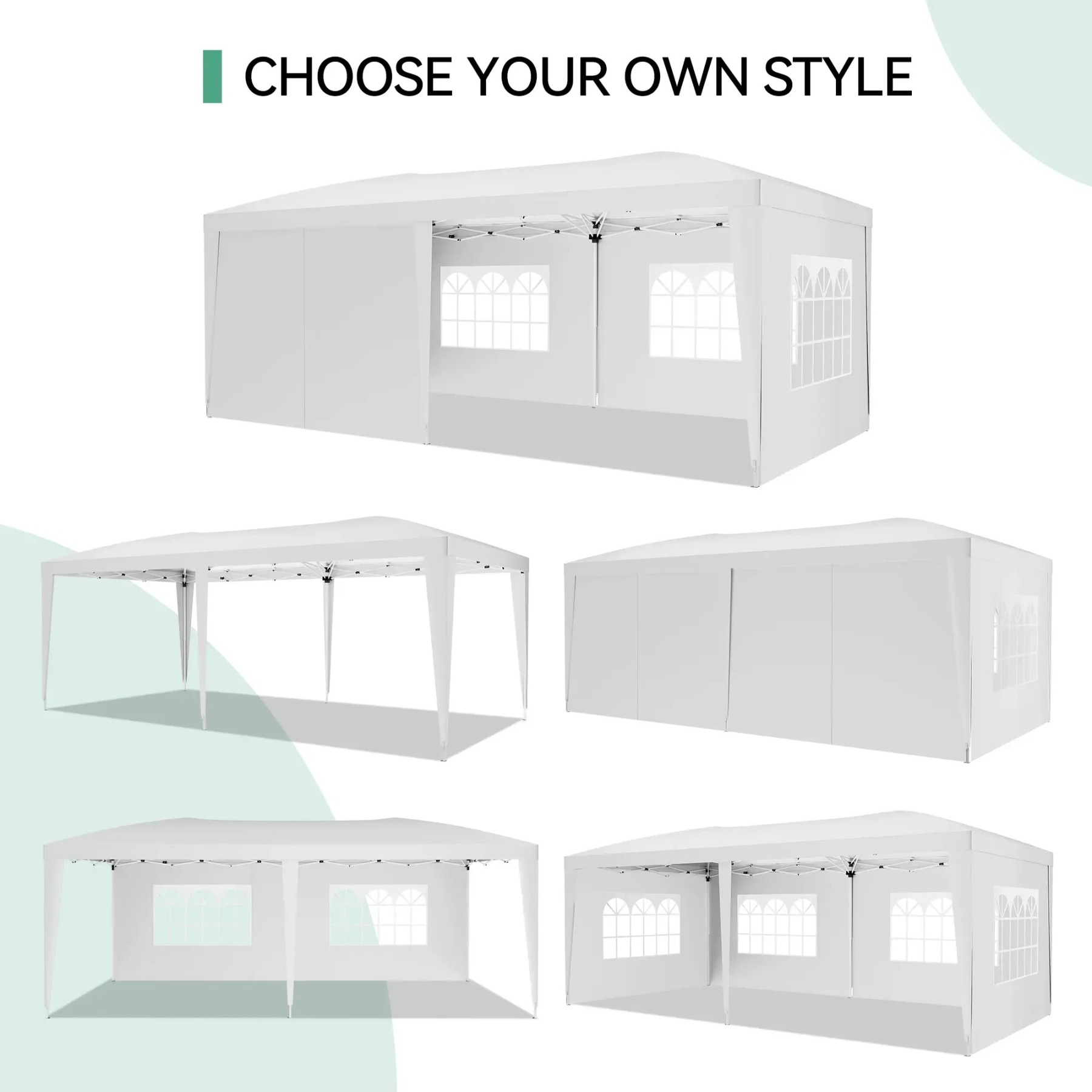 Carpa plegable resistente de 10x20 pies: cenador impermeable con 6 paredes laterales desmontables, 3 alturas ajustables y montaje rápido; incluye 18 estacas y 6 cuerdas. Ideal para fiestas, eventos, patios y jardines.