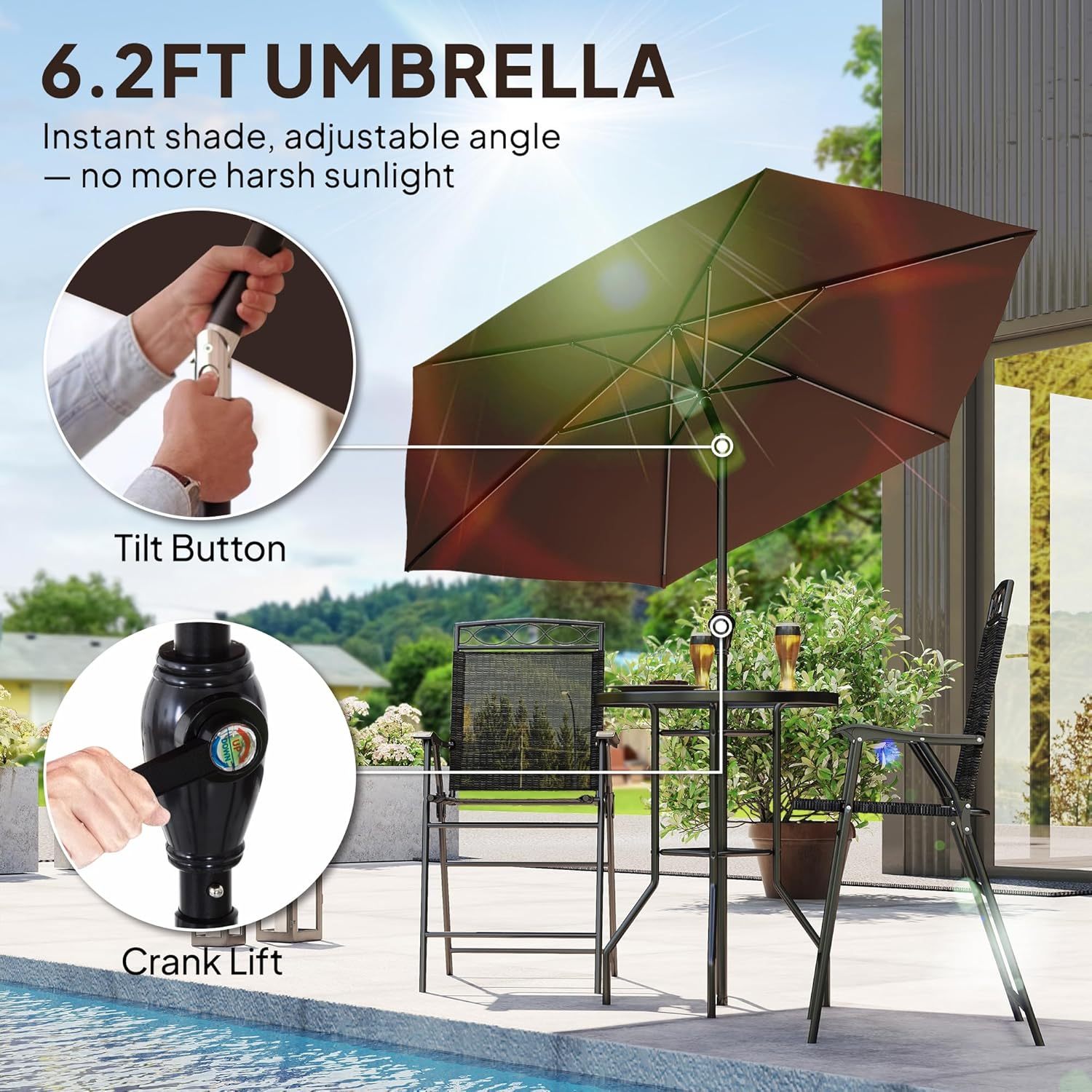 Outsunny - Juego de 4 Muebles de Comedor para Patio al Aire última intervensión, 2 sillas Plegables, Paraguas de ángulo Ajustable, Mesa de Comedor de Vidrio Templado con Textura Ondulada, Color café