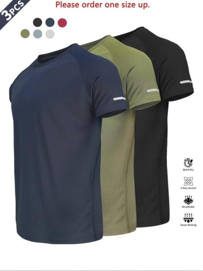 Reflective Sportswear T-Shirt, Breathable Quick-Dry Short Sleeve Crew Neck, Lightweight Men's Athletic Tee, Ideal for Outdoor Activities, Gym and Training Apparel, Gym Top