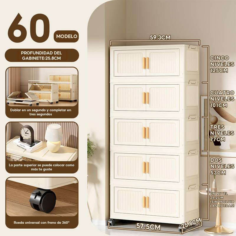 Caja de almacenamiento de plástico plegable de 5 capas: contenedor organizador apilable con tapa y ruedas con puerta transparente, adecuado para cocina, baño, sala de estar