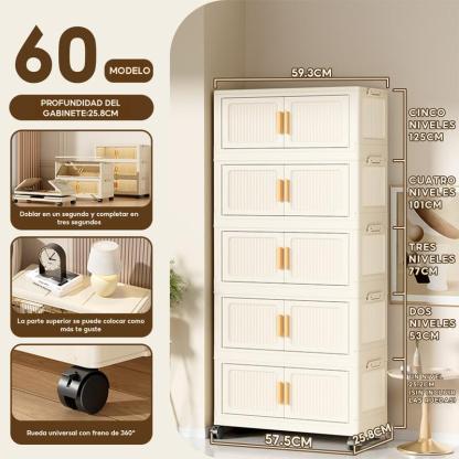 Caja de almacenamiento de plástico plegable de 5 capas: contenedor organizador apilable con tapa y ruedas con puerta transparente, adecuado para cocina, baño, sala de estar