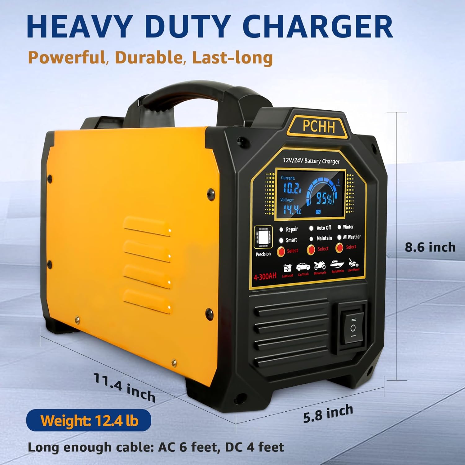 PCHH - Cargador de batería de coche de 12 V 24 V, resistente, mantenedor automático de batería de 0 a 15 A, cargador inteligente con apagado automático, reparación, modo de invierno, para automóvil,