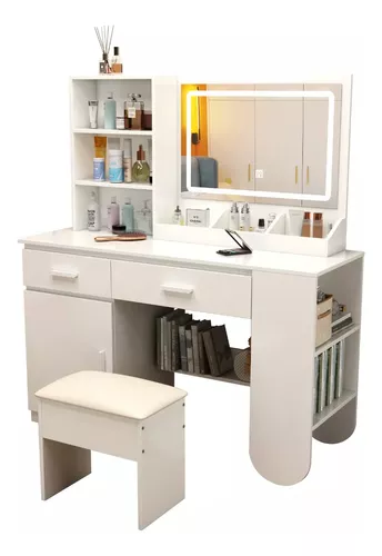 Tocador De Dormitorio Con Led Espejo Con Silla Compacto New Multifuncional Tocador Vanity Con Espejo Y Cajón Recamara