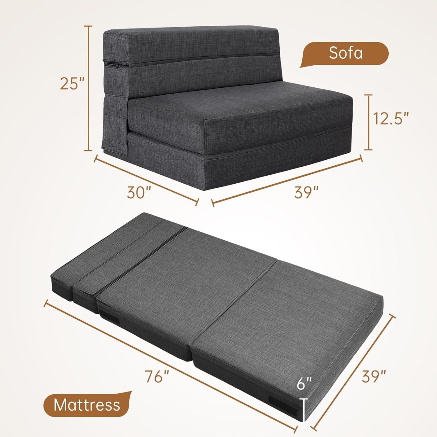 Nigoone - Sofá plegable tamaño Queen de espuma viscoelástica con 2 almohadas, sillón perezoso, triple futón, camas convertibles, funda lavable, gris oscuro