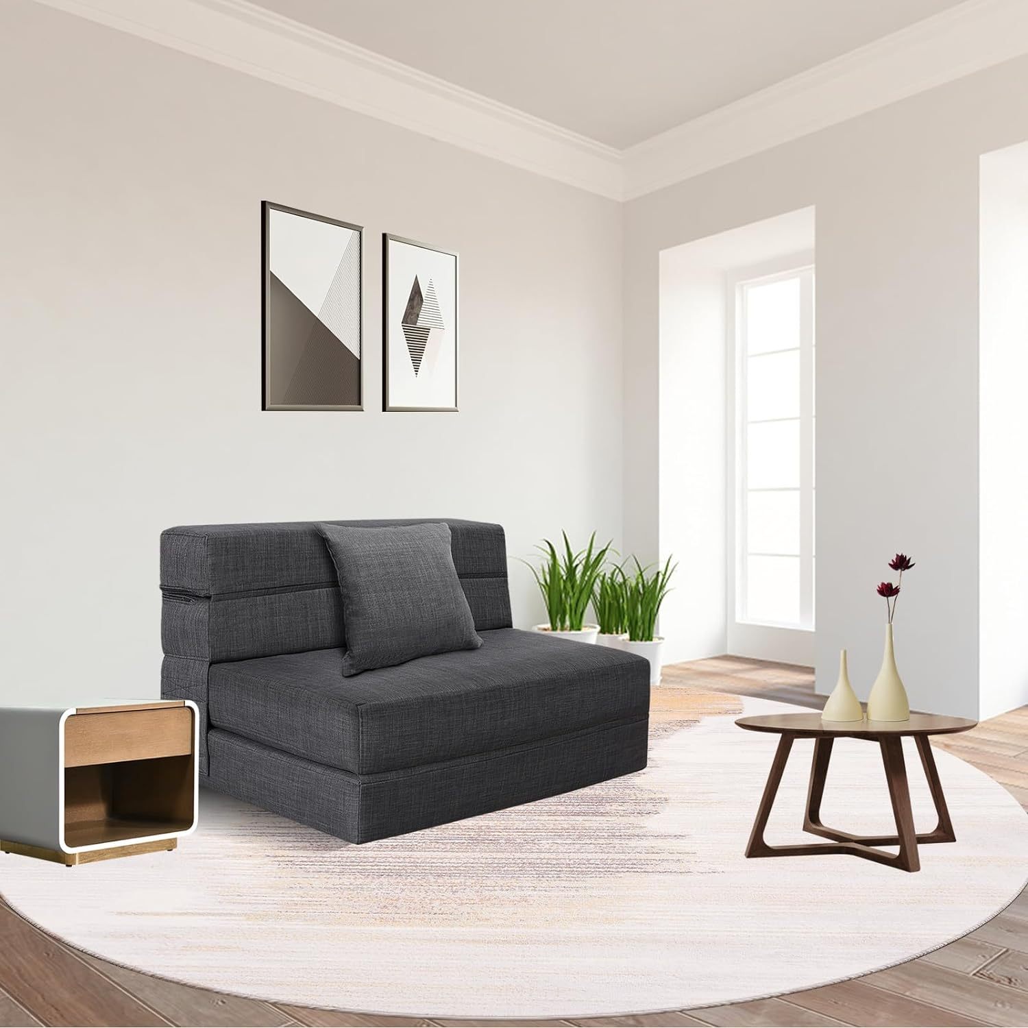 Nigoone - Sofá plegable tamaño Queen de espuma viscoelástica con 2 almohadas, sillón perezoso, triple futón, camas convertibles, funda lavable, gris oscuro