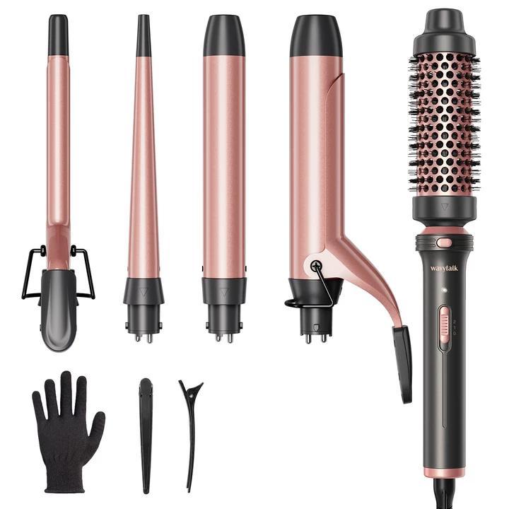 Wavytalk Multi Curl, 5 en 1 Ceramic Curling Wand, rizador de pelo de calentamiento rápido de 1/2 a 1 1/2 pulgadas y cepillo térmico, rizador de pelo de doble voltaje