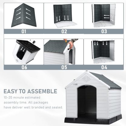 LEMBERI Casa de plástico duradera e impermeable para perros de tamaño pequeño a grande, casa de perro aislada para interiores y exteriores, refugio para cachorros con suelo elevado, fácil de montar, diseño de ventilación para perros