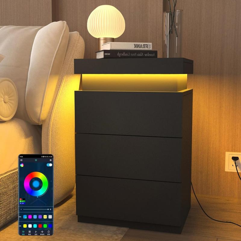 Mesita de Noche Inteligente con Luz LED Ajustable, 3 Cajones, Tapa Deslizante, Puertos USB y Tomas de Corriente, 45x35x68cm, Estación de Carga para Recámara, Negro