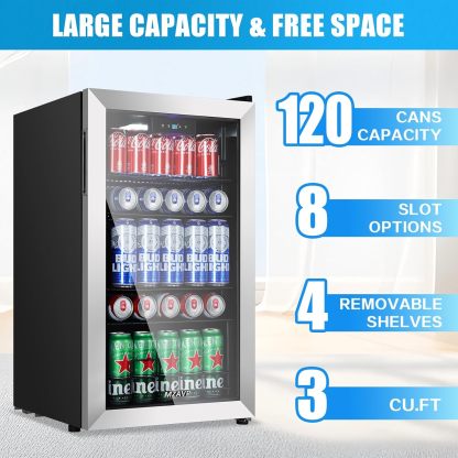 MZAVP - Refrigerador de bebidas con 120 latas, no empotrado o integrado para bebidas con puerta de vidrio, mini refrigerador de cerveza para oficina o bar, luz indicadora blanca y puerta reversible