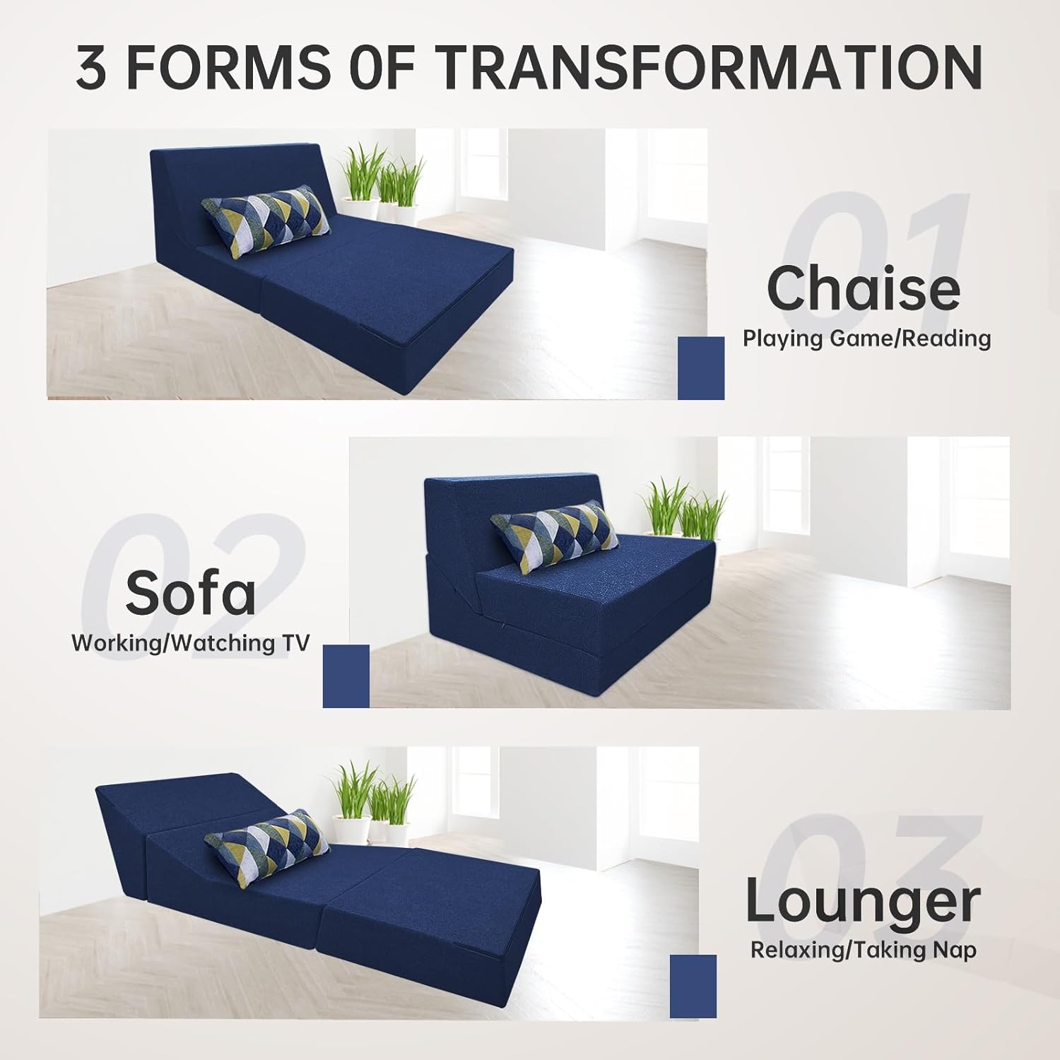 Nigoone - Sofá plegable tamaño Queen de espuma viscoelástica con 2 almohadas, sillón perezoso, triple futón, camas convertibles, funda lavable, gris oscuro