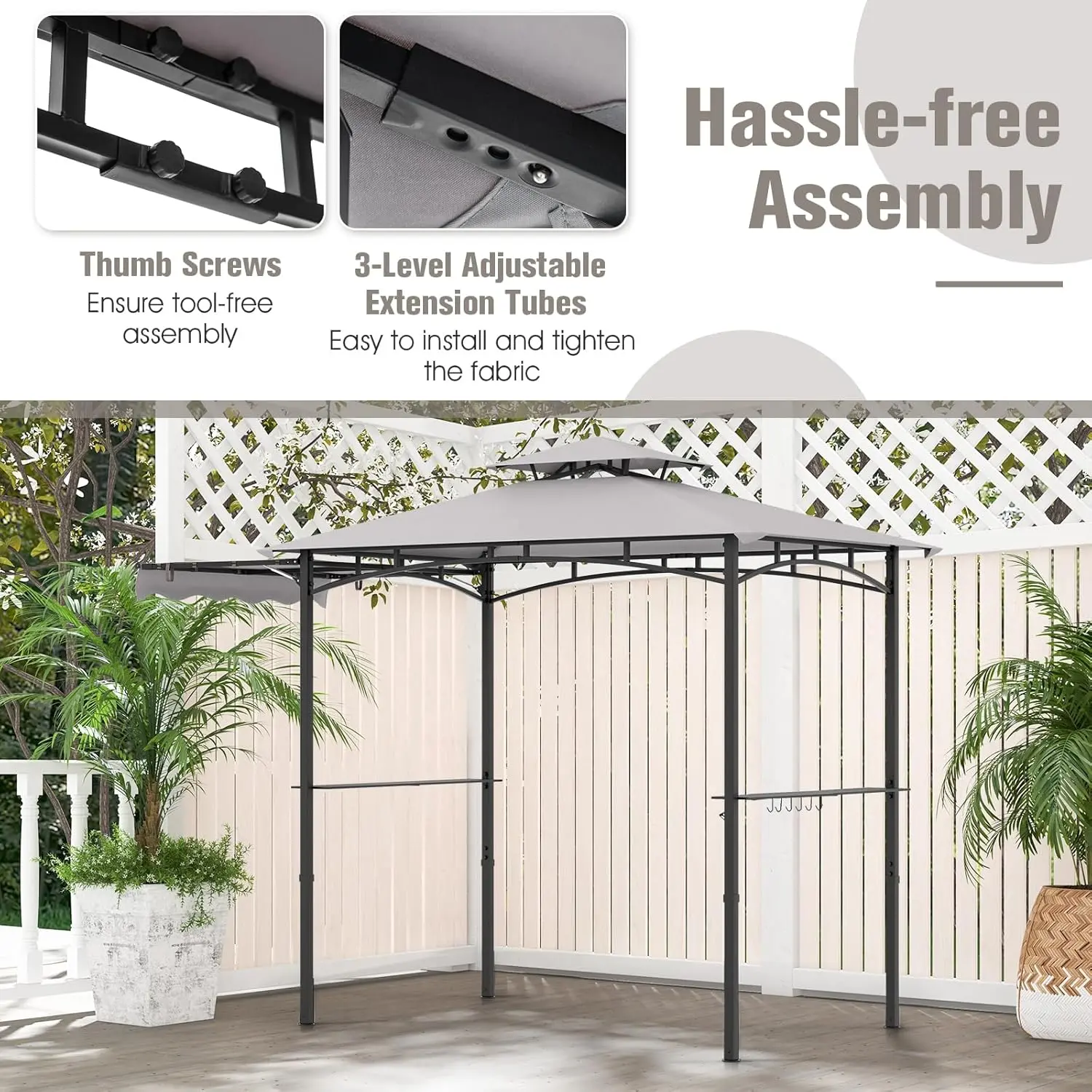 [Regalo para el Día de la Madre] Cenador para Parrilla con Toldo Lateral — Cenador de 2 Niveles para Barbacoa con Estantes, Ganchos Colgantes y Abrebotellas — Toldo Exterior para Parrilla (Ideal para Patio Trasero, Jardín o Zona de Piscina)