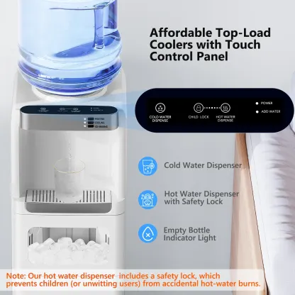 [Oferta especial de verano] Dispensador de agua COWSAR con máquina de hielo, dispensador de agua fría y caliente de carga superior, compatible con botellas de agua de 5 galones - Incluye bloqueo de seguridad para niños - Ideal para hogares, oficinas y gar