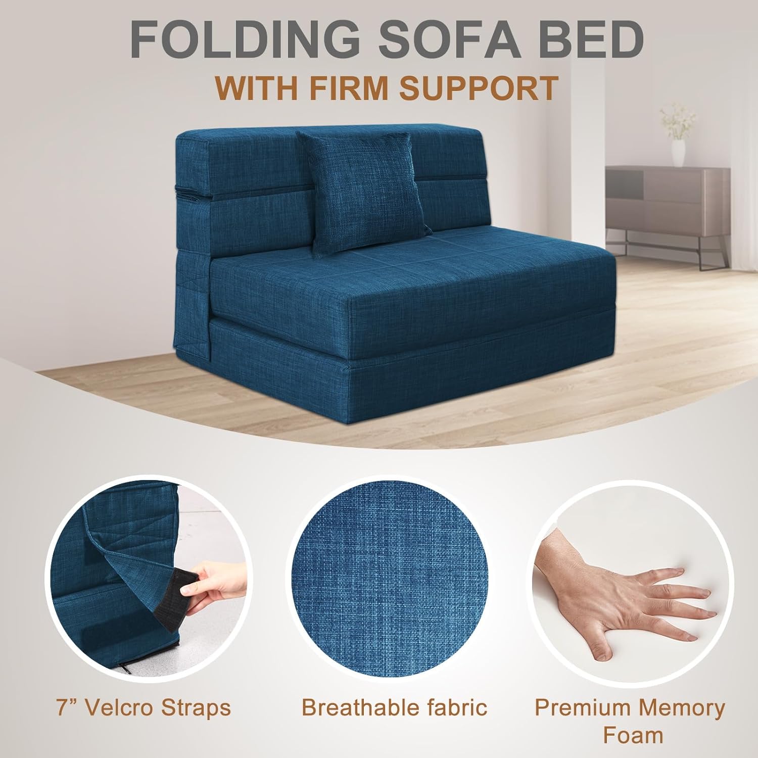 Nigoone - Sofá plegable tamaño Queen de espuma viscoelástica con 2 almohadas, sillón perezoso, triple futón, camas convertibles, funda lavable, gris oscuro