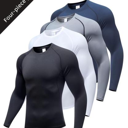 4 camisetas deportivas de manga larga para hombre, ajustadas y moldeadoras, camiseta de compresión, transpirable y cómoda, ideal para correr, entrenar y ciclismo, Top de Ropa Deportiva,Ropa de Ciclismo,Camiseta de Rendimiento,Camiseta Muscle Fit,Camiseta