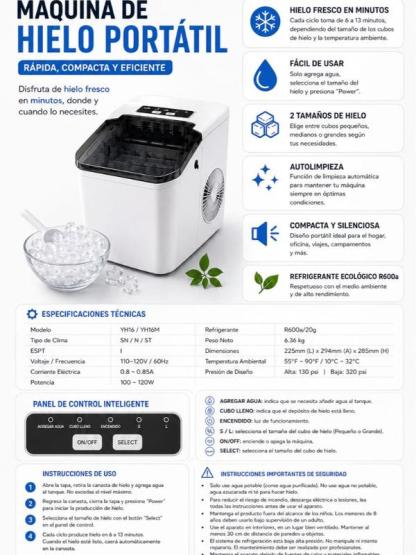 Máquina de Hielo Portátil Automática | Hielo en Minutos, Compacta y Silenciosa con 2 Tamaños de Cubo