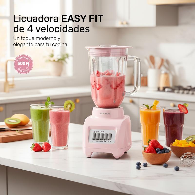 Licuadora Rosa Taurus Haley Ribbon, Potente 500W, ideal para smoothies y jugos, jarra de plástico de 1.65 L, compacta y Moderna