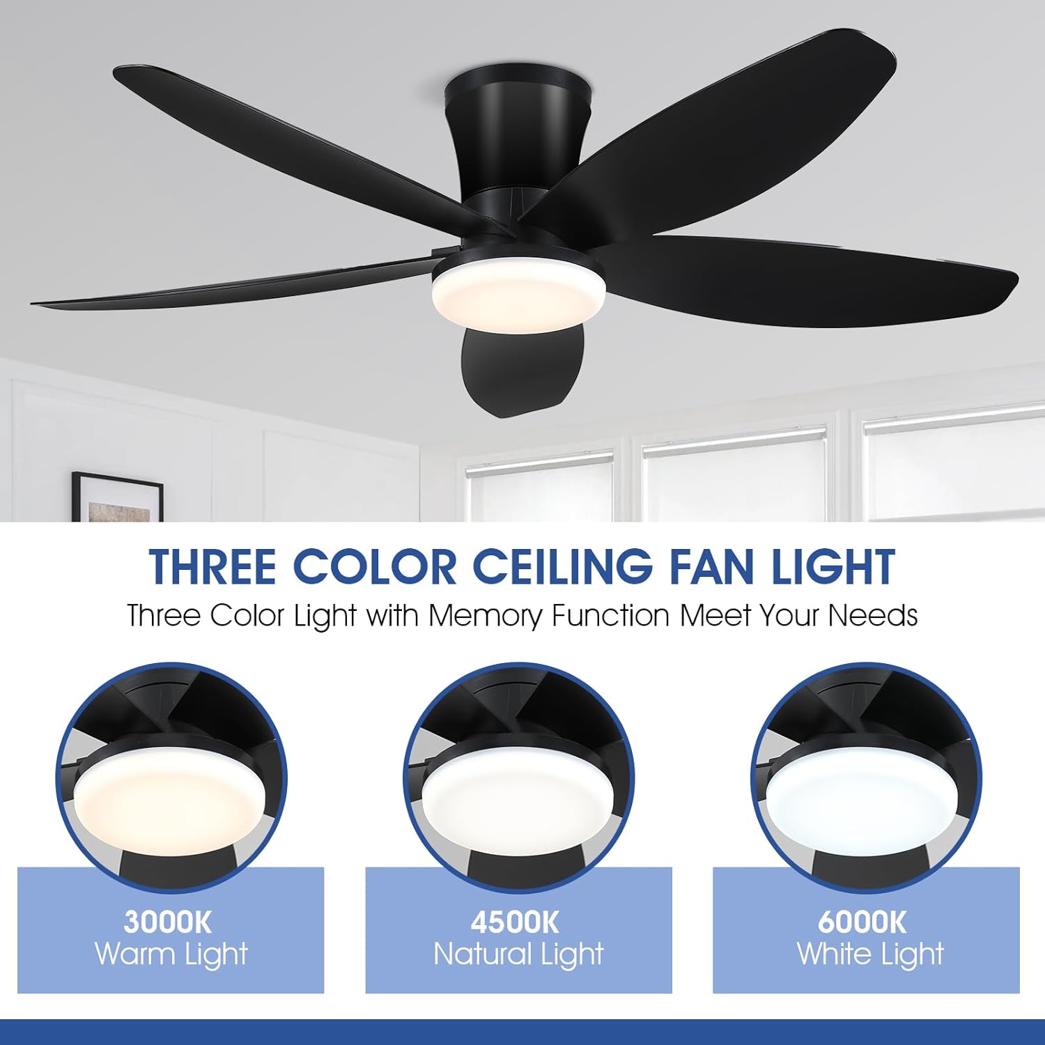 Ventiladores de techo de 42" con luz - Ventilador de techo de perfil bajo con luz y control remoto, montaje empotrado, reversible DC, LED regulable, color negro. Ventiladores de techo para dormitorio, uso en interiores y exteriores/patio.