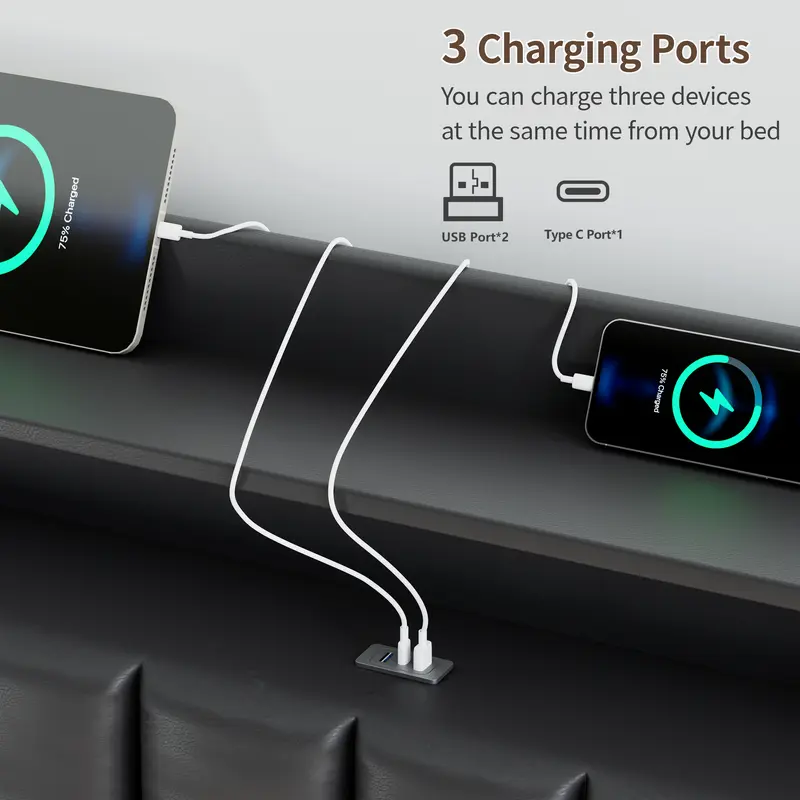 Estructura de cama TryLazy Furniture con 4 cajones y 2 puertos de carga USB y 1 puerto de carga tipo C, sin colchón, estructura de cama tapizada con cabecero con almacenamiento, no requiere somier, fácil montaje, tamaño matrimonial/queen/king.