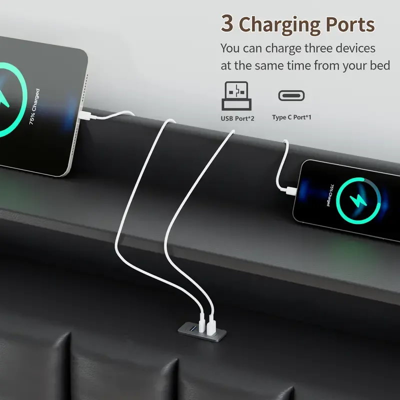 Estructura de cama TryLazy Furniture con 4 cajones y 2 puertos de carga USB y 1 puerto de carga tipo C, sin colchón, estructura de cama tapizada con cabecero con almacenamiento, no requiere somier, fácil montaje, tamaño matrimonial/queen/king.