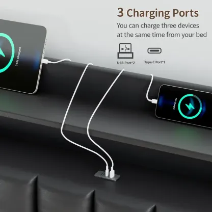 Estructura de cama TryLazy Furniture con 4 cajones y 2 puertos de carga USB y 1 puerto de carga tipo C, sin colchón, estructura de cama tapizada con cabecero con almacenamiento, no requiere somier, fácil montaje, tamaño matrimonial/queen/king.