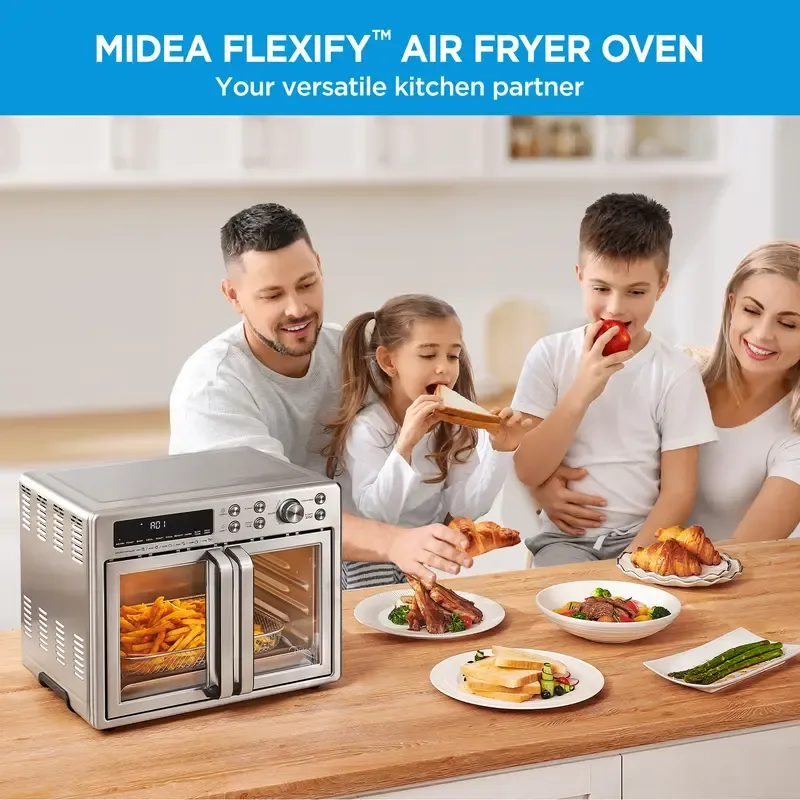 Horno tostador con freidora de aire y puerta francesa Midea Flexify de 26.4 cuartos de galón, horno freidora de aire extragrande de encimera 10 en 1, cocción un 25 % más rápida y un 90 % menos de aceite, ventilador de convección de diseño elegante, regalo