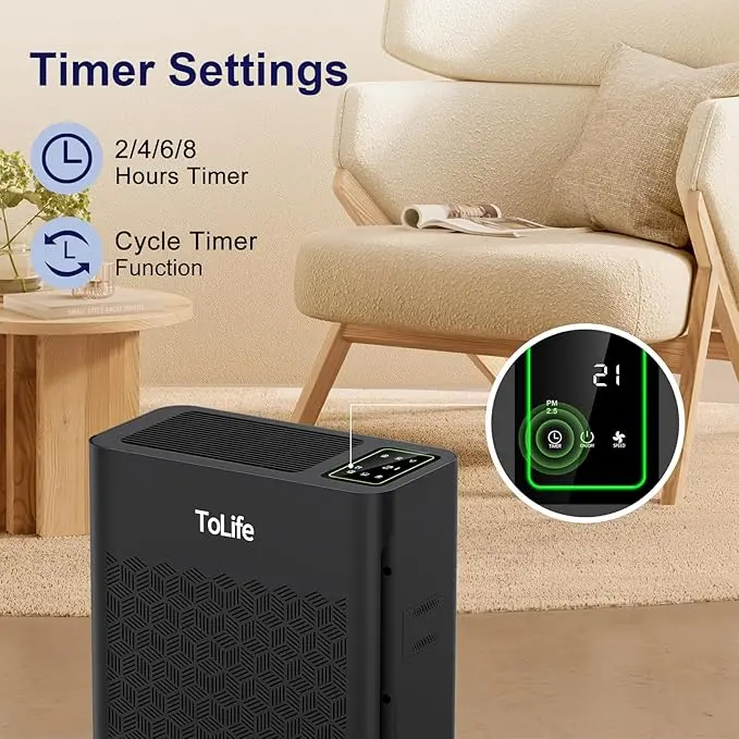 Purificador de aire ToLife TZ-K2 para habitaciones grandes (hasta 99 m²). Indicador de partículas PM 2.5, modo automático, temporizador, filtro HEPA: ¡elimina humo, polen y caspa de mascotas!