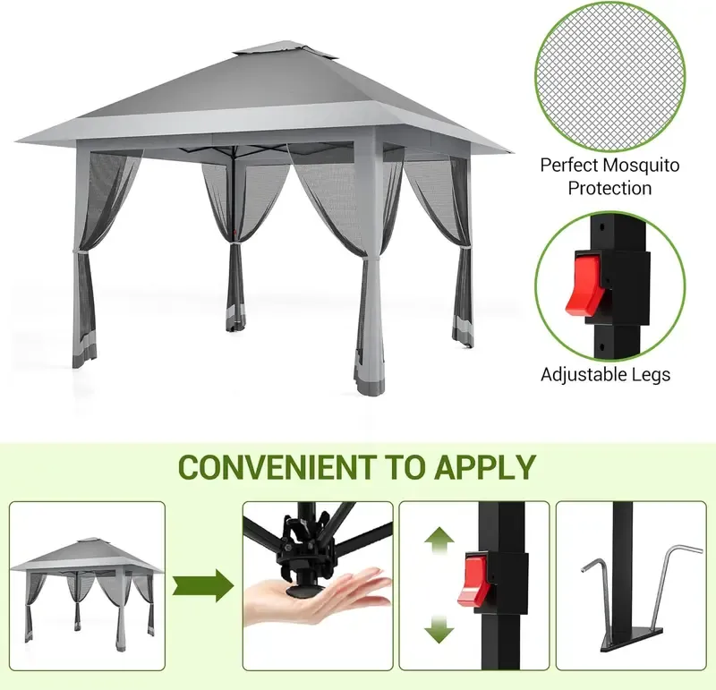 Carpa plegable Garvee de 13x13 pies con estructura metálica, sombrilla exterior de acero para lluvia y sol con malla, techo de doble ventilación, altura ajustable, fácil montaje, refugio impermeable para el patio trasero, toldo y estructura de sombra mode