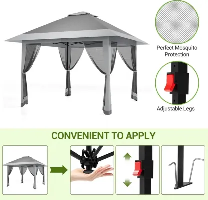 Carpa plegable Garvee de 13x13 pies con estructura metálica, sombrilla exterior de acero para lluvia y sol con malla, techo de doble ventilación, altura ajustable, fácil montaje, refugio impermeable para el patio trasero, toldo y estructura de sombra mode