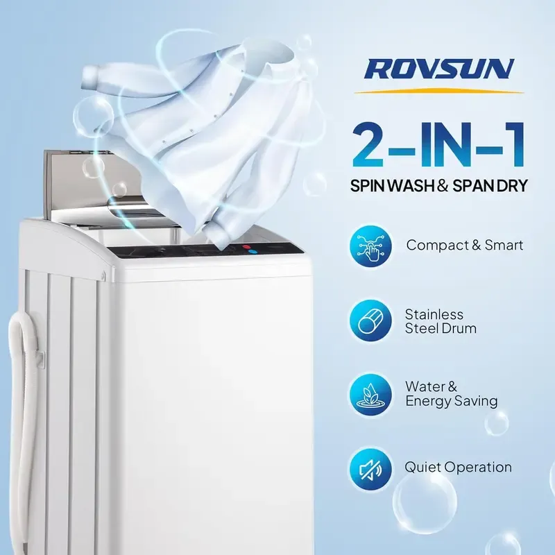Lavadora portátil ROVSUN de 17,8/25/30 libras, lavadora eléctrica totalmente automática con tambor de acero inoxidable, lavadora compacta de 110 V, lavadora y secadora centrífuga combinadas con bomba de desagüe para apartamentos, residencias estudiantiles