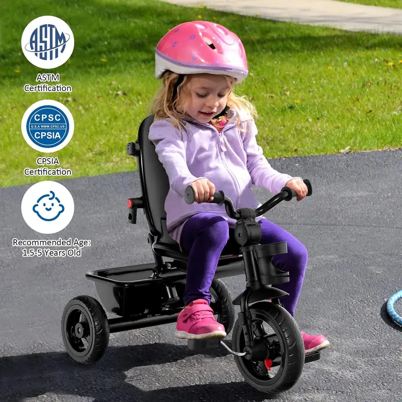 Cochecito infantil unisex 5 en 1 Costzon - Poliéster, asiento reversible, capota ajustable, ruedas de EVA, manillar extraíble de PP y acero para padres, triciclo para niños pequeños, cochecito práctico y multifuncional.