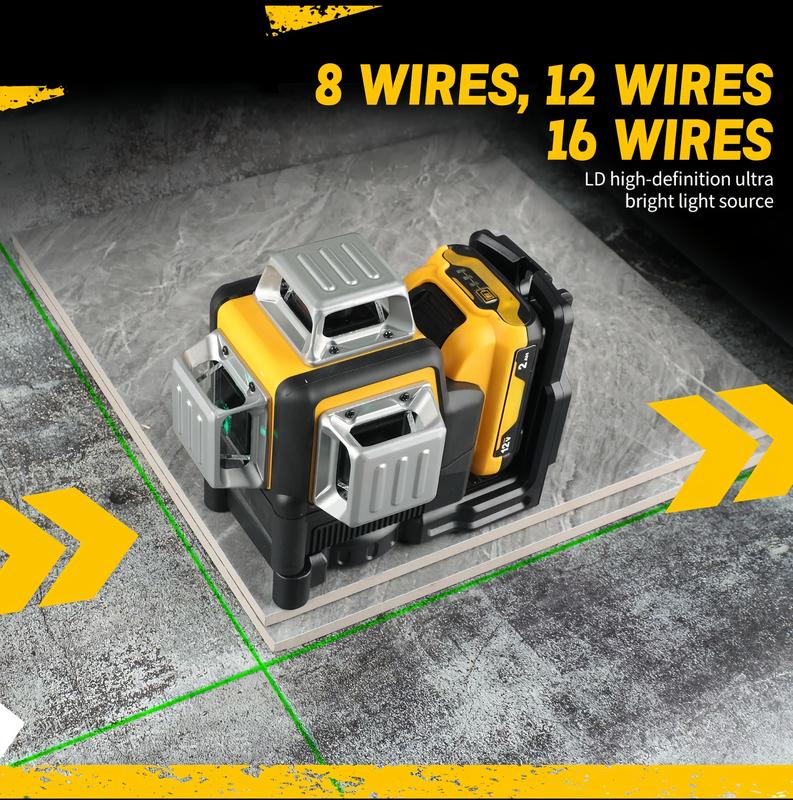 Nivel láser DW con medidor verde de 12 líneas para exteriores, resistente al agua IP54, herramienta de alta precisión, alcance vertical de 360 ​​grados, batería de 12 V.