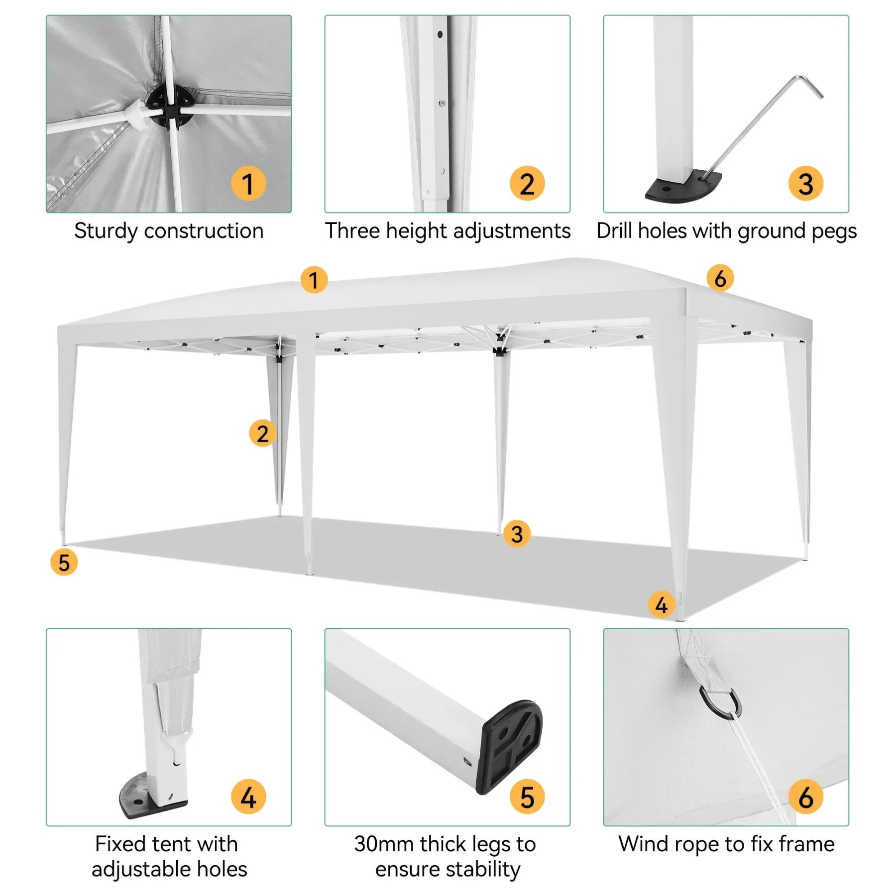 Carpa plegable resistente de 10x20 pies: cenador impermeable con 6 paredes laterales desmontables, 3 alturas ajustables y montaje rápido; incluye 18 estacas y 6 cuerdas. Ideal para fiestas, eventos, patios y jardines.