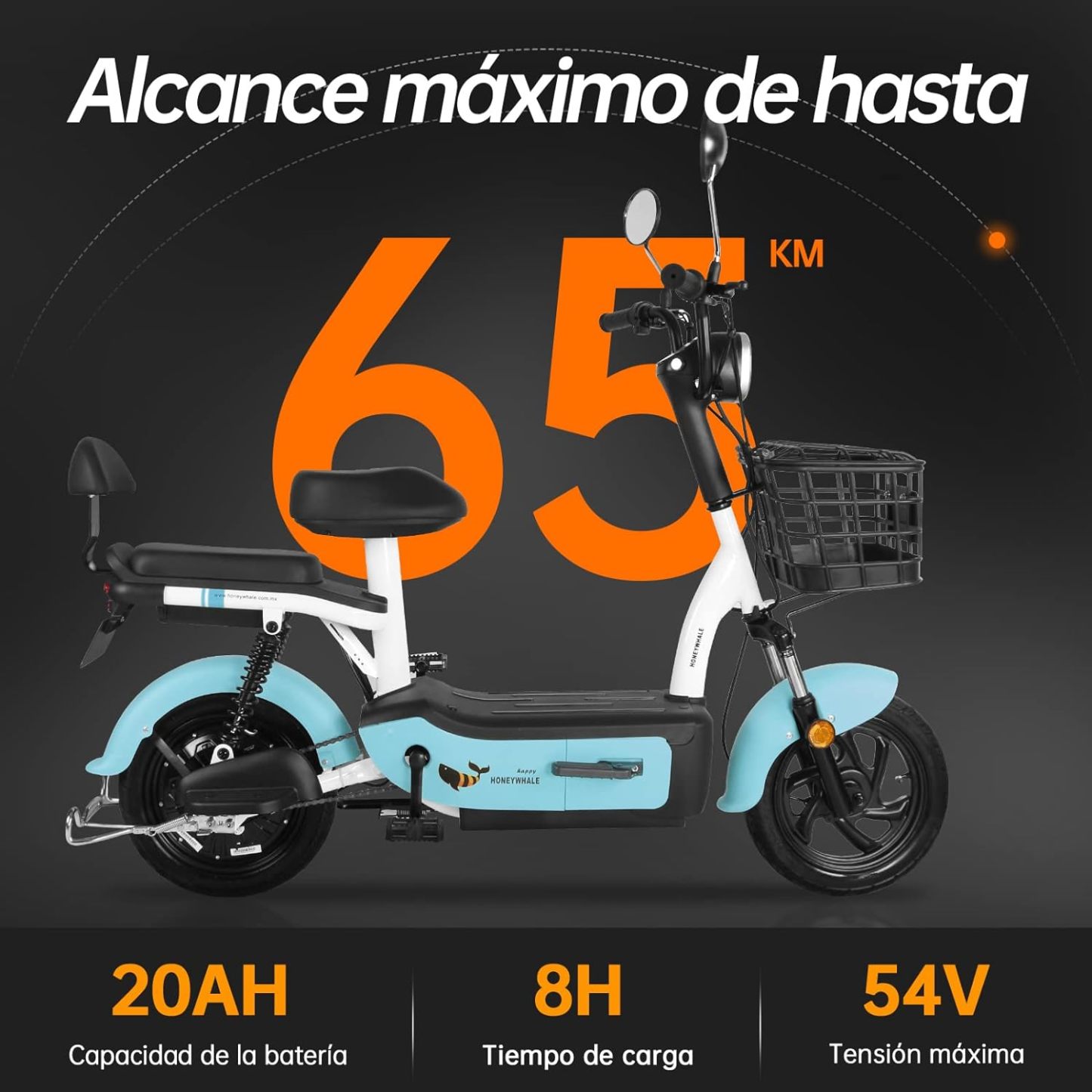 HONEYWHALE U1s Bicicleta eléctrica para adultos, bicicleta eléctrica con alarma, motor máximo 650W, velocidad máxima 31KM/H, autónoma 60-65KM, batería de gran capacidad 20AH, dos asientos