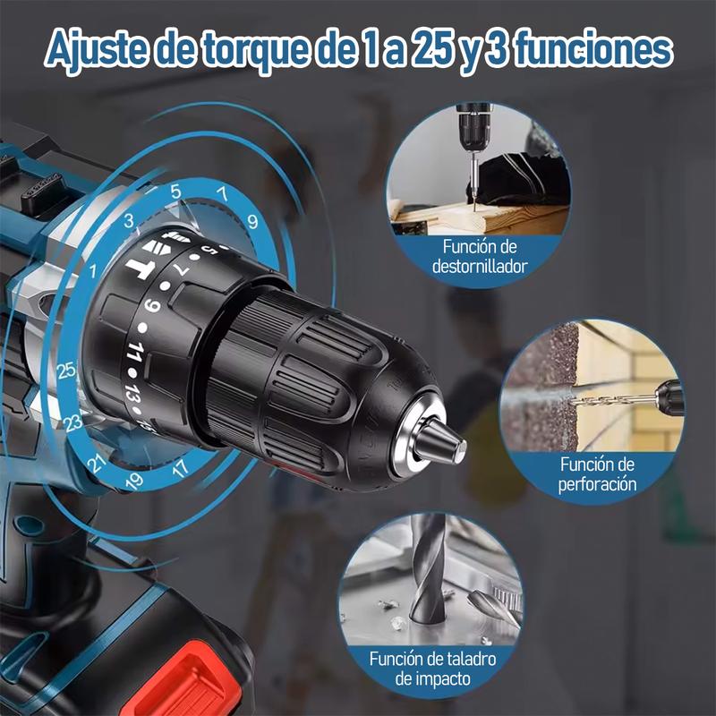 Kit de herramientas Profesional 4 en 1 Brushless | Taladro Inalámbrico, Llave de Impacto, Amoladora Angular y Rotomartillo SDS | 2 Baterías | Kit Completo para Hogar y Carpintería