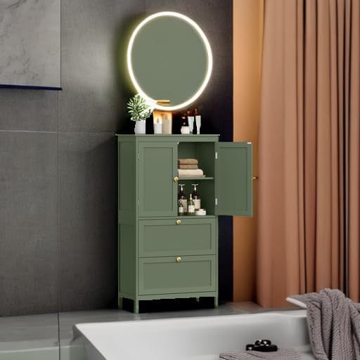 VASAGLE Mueble de Baño, Armario de Baño, Armario de Cocina, con 2 Puertas y 2 Cajones, Estantes Ajustables, 30 x 60 x 110 cm, Gris Paloma MBBC551G02
